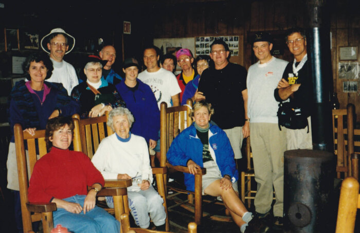 Margaret Stevenson and her hiking group in the LeConte Lodge Office